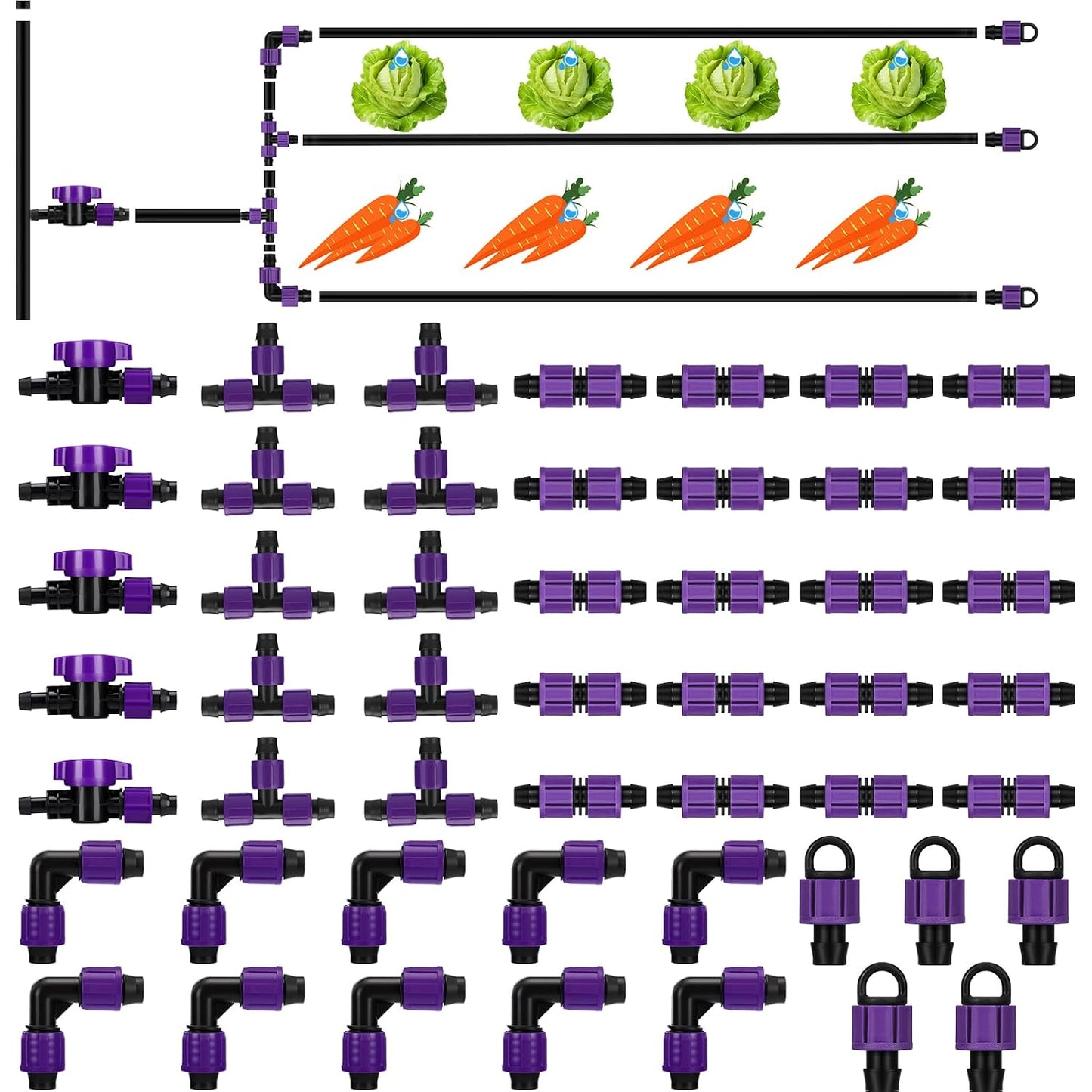 50 Pcs Garden 5/8" Drip Irrigation Tape Tubing Fittings Kit Include Connector, Tee Coupling, Elbows, End Cap, On/Off Valve Barb for Most 16-17 mm Tubing Irrigation System(Purple)