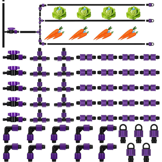 50 Pcs Garden 5/8" Drip Irrigation Tape Tubing Fittings Kit Include Connector, Tee Coupling, Elbows, End Cap, On/Off Valve Barb for Most 16-17 mm Tubing Irrigation System(Purple)