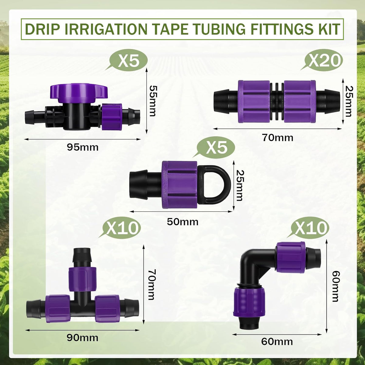 50 Pcs Garden 5/8" Drip Irrigation Tape Tubing Fittings Kit Include Connector, Tee Coupling, Elbows, End Cap, On/Off Valve Barb for Most 16-17 mm Tubing Irrigation System(Purple)