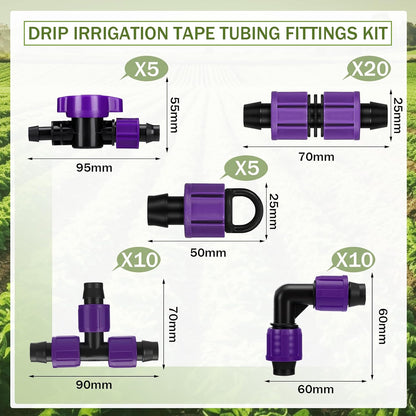50 Pcs Garden 5/8" Drip Irrigation Tape Tubing Fittings Kit Include Connector, Tee Coupling, Elbows, End Cap, On/Off Valve Barb for Most 16-17 mm Tubing Irrigation System(Purple)
