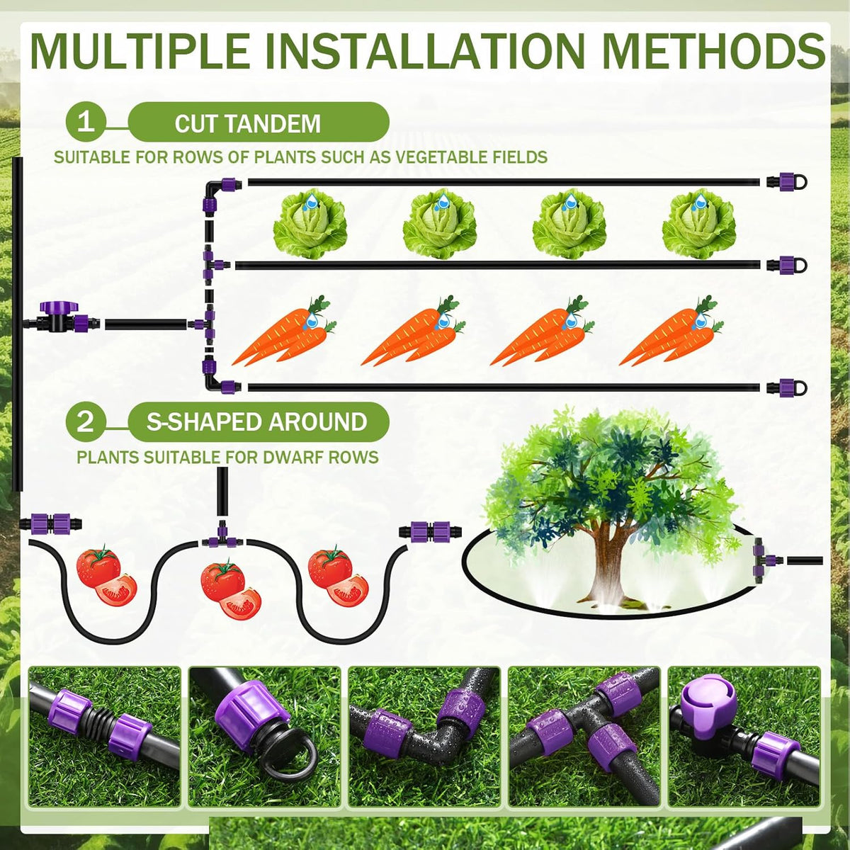 50 Pcs Garden 5/8" Drip Irrigation Tape Tubing Fittings Kit Include Connector, Tee Coupling, Elbows, End Cap, On/Off Valve Barb for Most 16-17 mm Tubing Irrigation System(Purple)