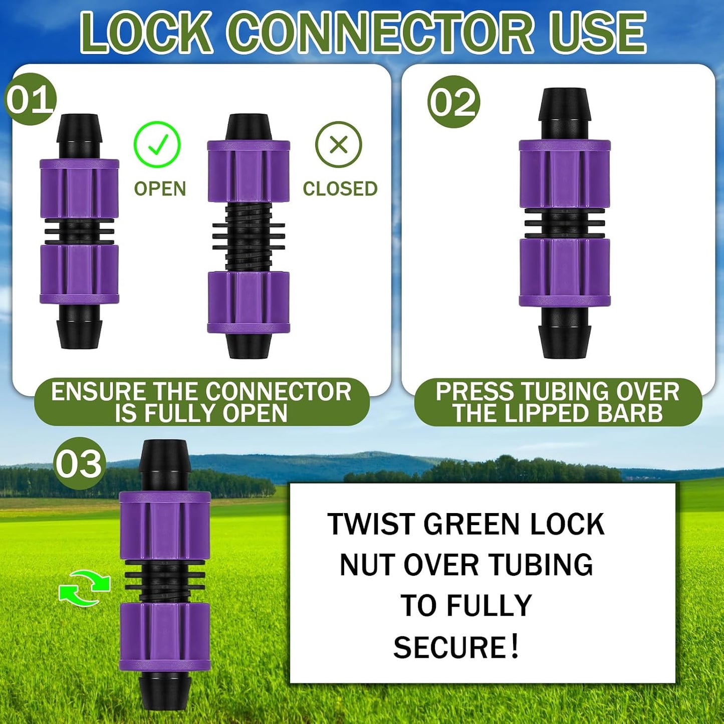 50 Pcs Garden 5/8" Drip Irrigation Tape Tubing Fittings Kit Include Connector, Tee Coupling, Elbows, End Cap, On/Off Valve Barb for Most 16-17 mm Tubing Irrigation System(Purple)