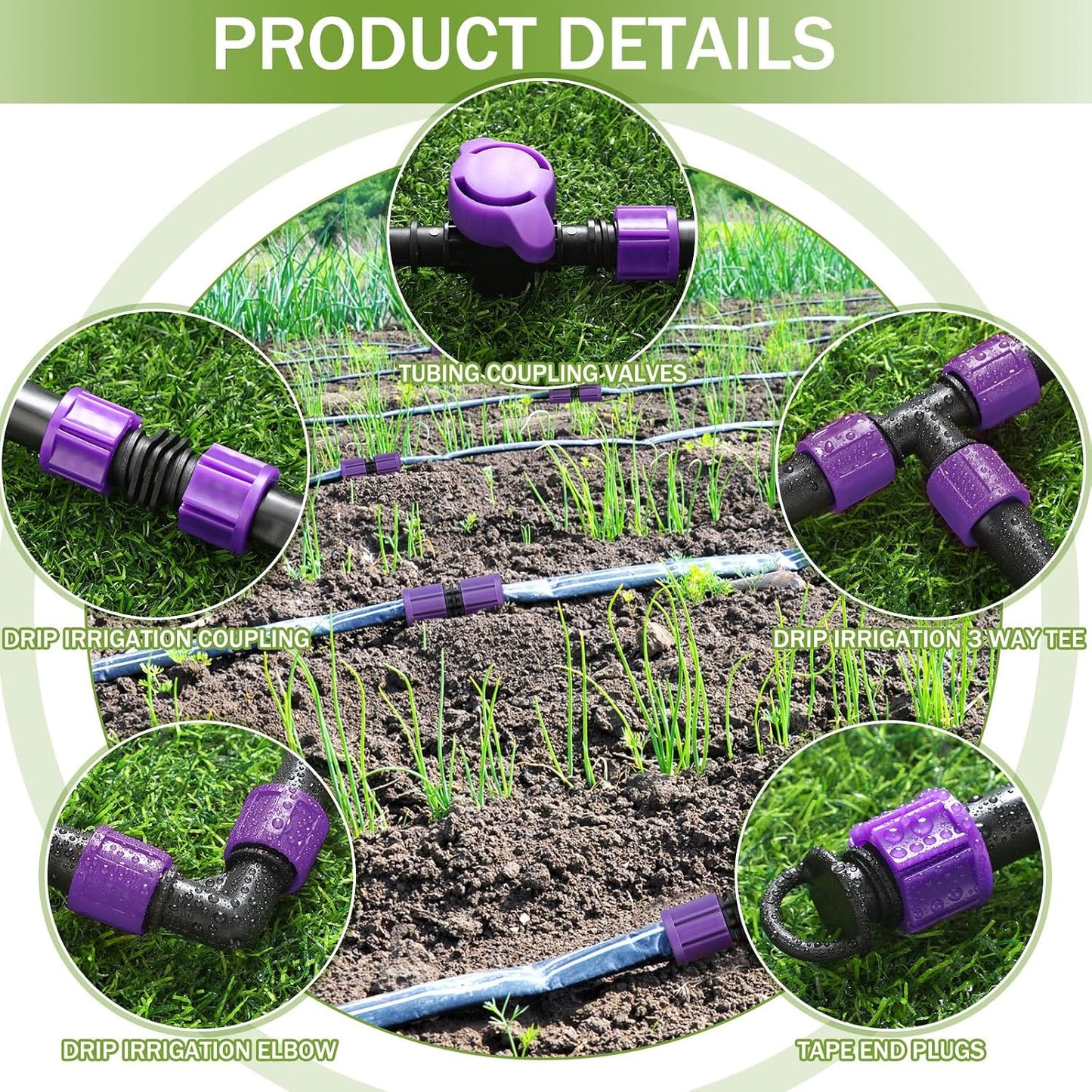 50 Pcs Garden 5/8" Drip Irrigation Tape Tubing Fittings Kit Include Connector, Tee Coupling, Elbows, End Cap, On/Off Valve Barb for Most 16-17 mm Tubing Irrigation System(Purple)