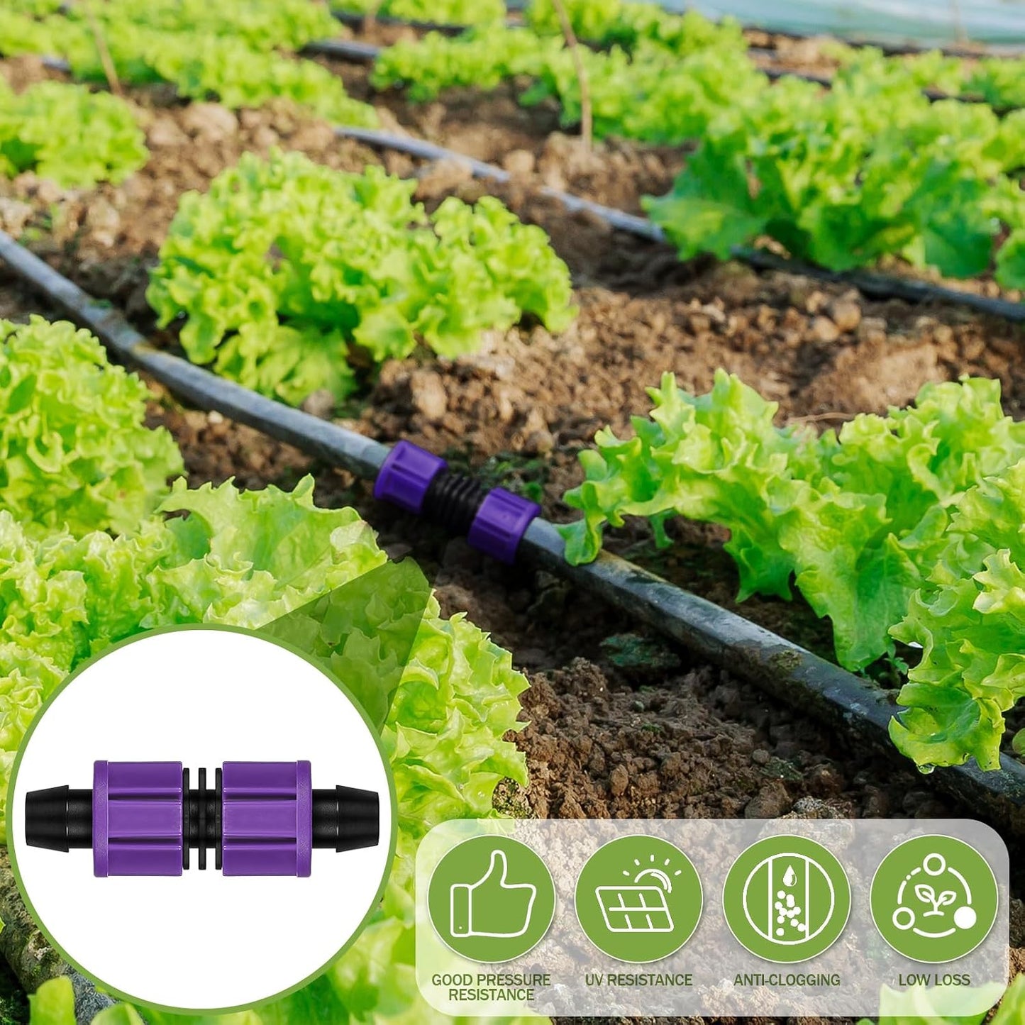 50 Pcs Garden 5/8" Drip Irrigation Tape Tubing Fittings Kit Include Connector, Tee Coupling, Elbows, End Cap, On/Off Valve Barb for Most 16-17 mm Tubing Irrigation System(Purple)