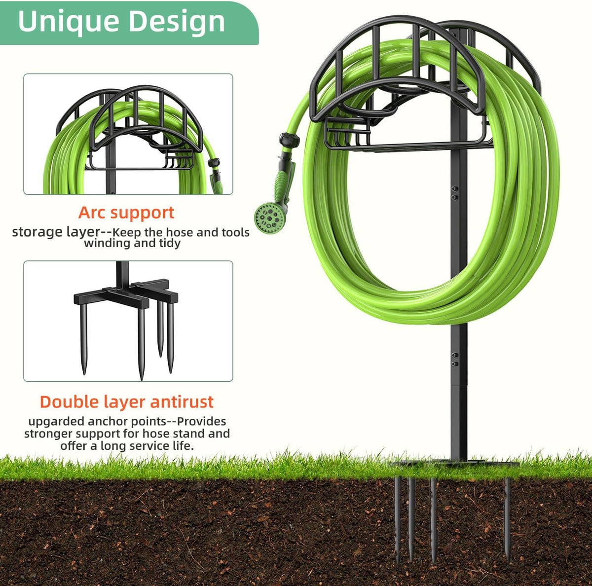 Garden Hose Holder - Upgraded Metal Reel With Tool Storage Basket | Heavy Duty Freestanding Water Hose Holder Holds 150ft, Detachable Storage Hanger for Outside