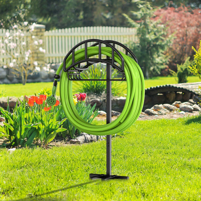 Garden Hose Holder - Upgraded Metal Reel With Tool Storage Basket | Heavy Duty Freestanding Water Hose Holder Holds 150ft, Detachable Storage Hanger for Outside