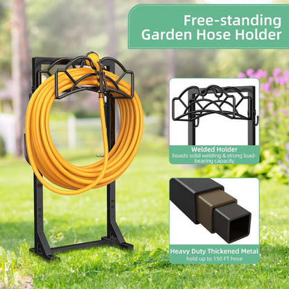 Garden Hose Holder - Upgraded Metal Reel With Tool Storage Basket | Heavy Duty Freestanding Water Hose Holder Holds 150ft, Detachable Storage Hanger for Outside