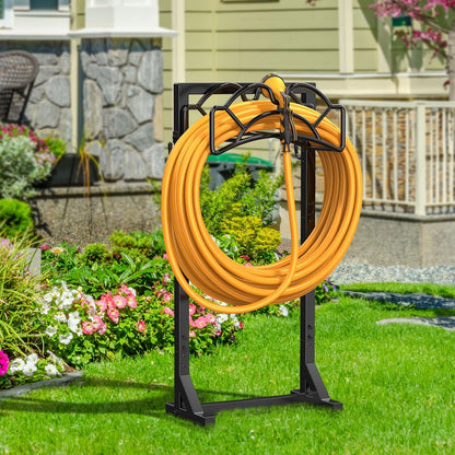 Garden Hose Holder - Upgraded Metal Reel With Tool Storage Basket | Heavy Duty Freestanding Water Hose Holder Holds 150ft, Detachable Storage Hanger for Outside