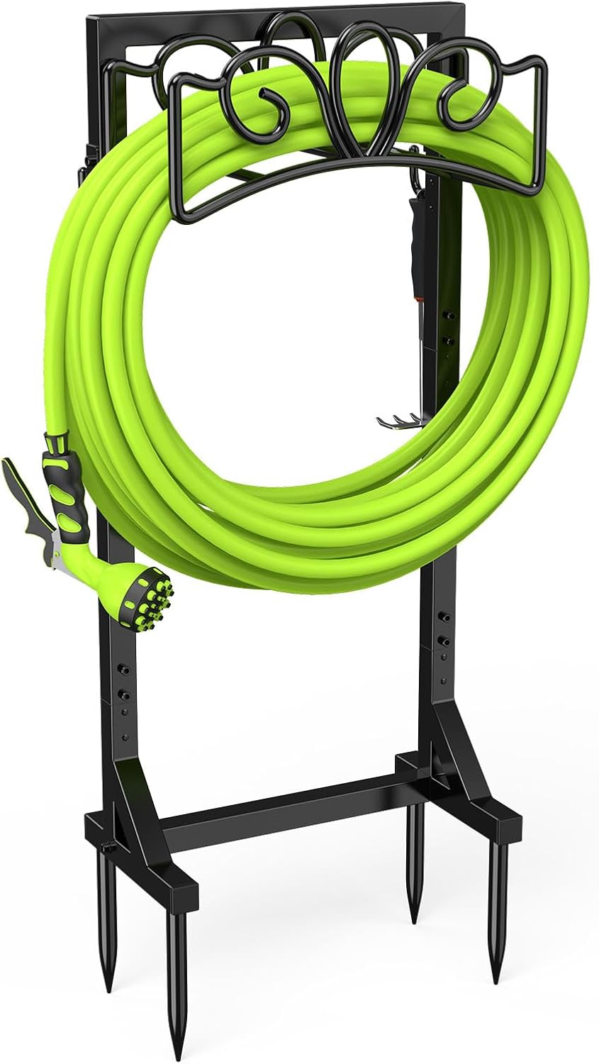 Garden Hose Holder - Upgraded Metal Reel With Tool Storage Basket | Heavy Duty Freestanding Water Hose Holder Holds 150ft, Detachable Storage Hanger for Outside