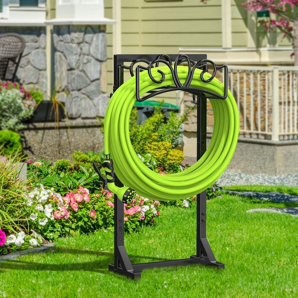 Garden Hose Holder - Upgraded Metal Reel With Tool Storage Basket | Heavy Duty Freestanding Water Hose Holder Holds 150ft, Detachable Storage Hanger for Outside