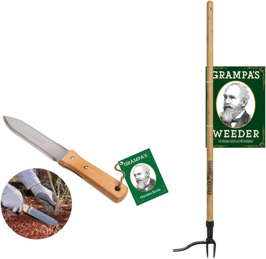 & Garden Knife Bundle - Original Stand Up Weed Puller with Bamboo Handle & 4-Claw Steel Head + Versatile 7" Hori Hori Knife with Serrated & Straight Blade for Weeding, Digging, and Pla