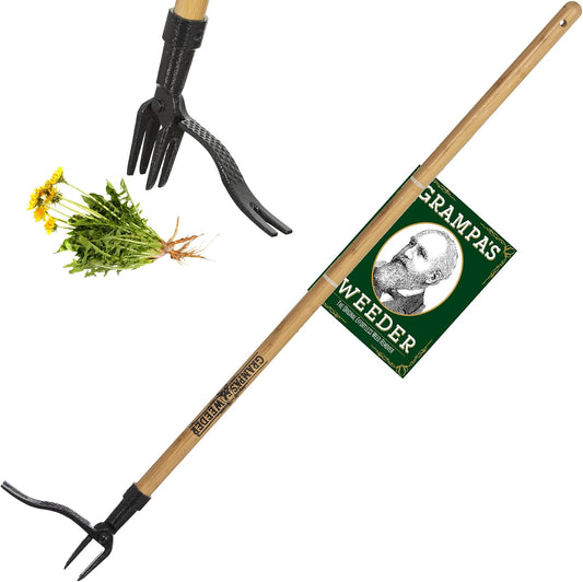 & Garden Knife Bundle - Original Stand Up Weed Puller with Bamboo Handle & 4-Claw Steel Head + Versatile 7" Hori Hori Knife with Serrated & Straight Blade for Weeding, Digging, and Pla