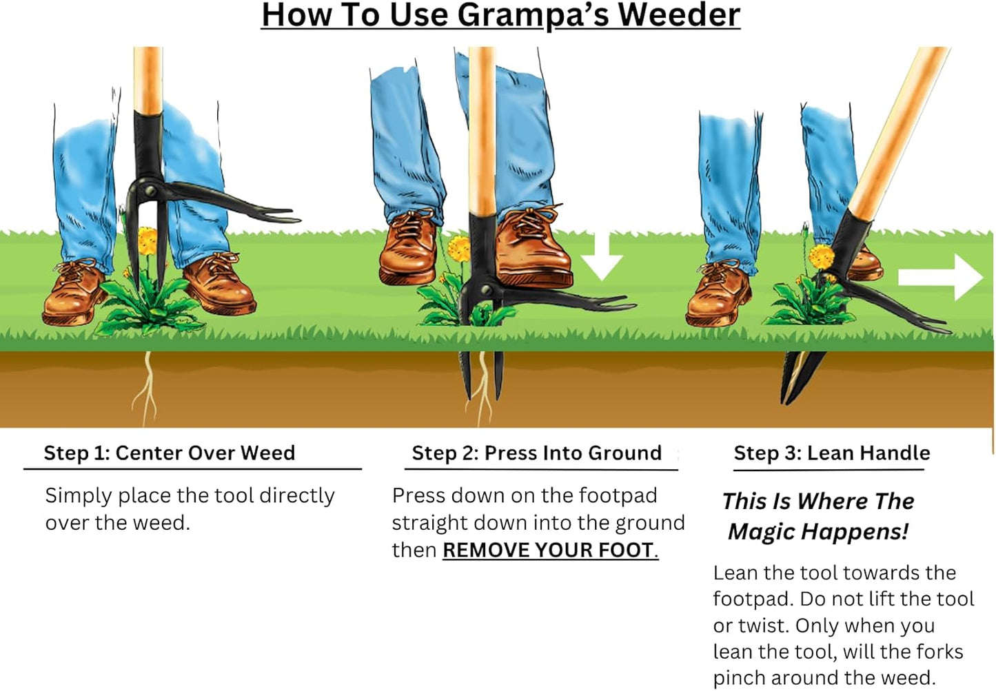 & Garden Knife Bundle - Original Stand Up Weed Puller with Bamboo Handle & 4-Claw Steel Head + Versatile 7" Hori Hori Knife with Serrated & Straight Blade for Weeding, Digging, and Pla