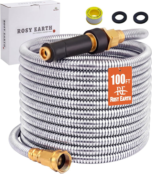 100 FT Garden Hose Expandable - 304 Stainless Steel Water Hose 100 FT - Heavy Duty Flexible Kink Free Hose, no Bite