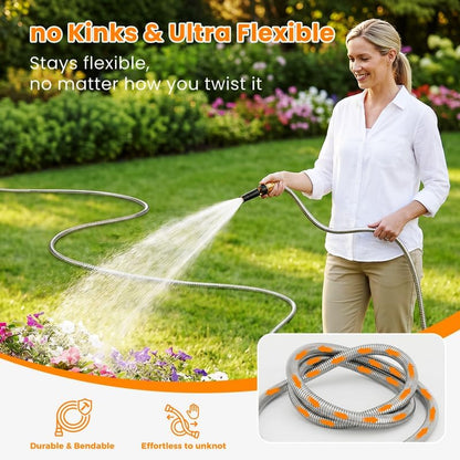 100 FT Garden Hose Expandable - 304 Stainless Steel Water Hose 100 FT - Heavy Duty Flexible Kink Free Hose, no Bite