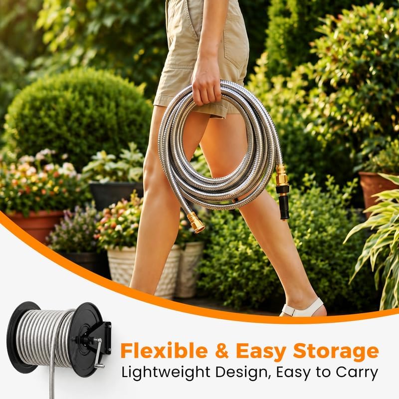 100 FT Garden Hose Expandable - 304 Stainless Steel Water Hose 100 FT - Heavy Duty Flexible Kink Free Hose, no Bite