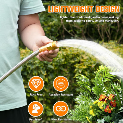 100 FT Garden Hose Expandable - 304 Stainless Steel Water Hose 100 FT - Heavy Duty Flexible Kink Free Hose, no Bite