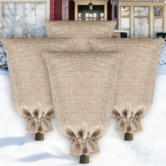 5Pcs Burlap Plant Cover Bags 32" x 40" Reusable Winter Plant Freeze Protection Bag with Zipper Drawstring Warm Tree Frost Blanket Protector for Outdoor Plants Shrubs Brushes