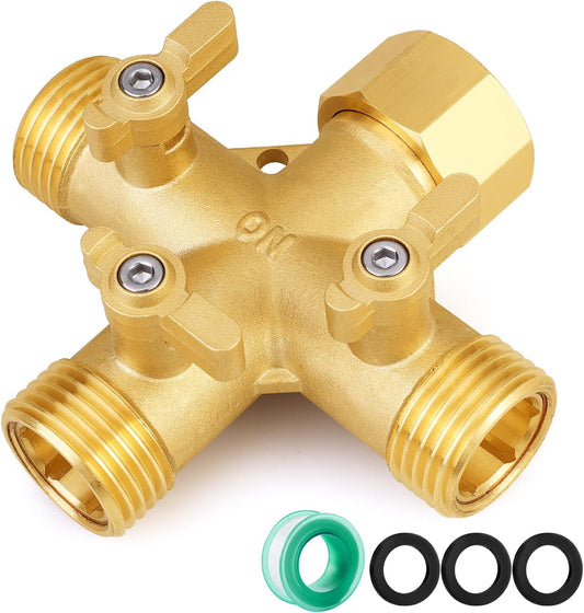 Garden Hose Splitter, Brass 3 Way Valve 3/4" GHT, 1 Pack
