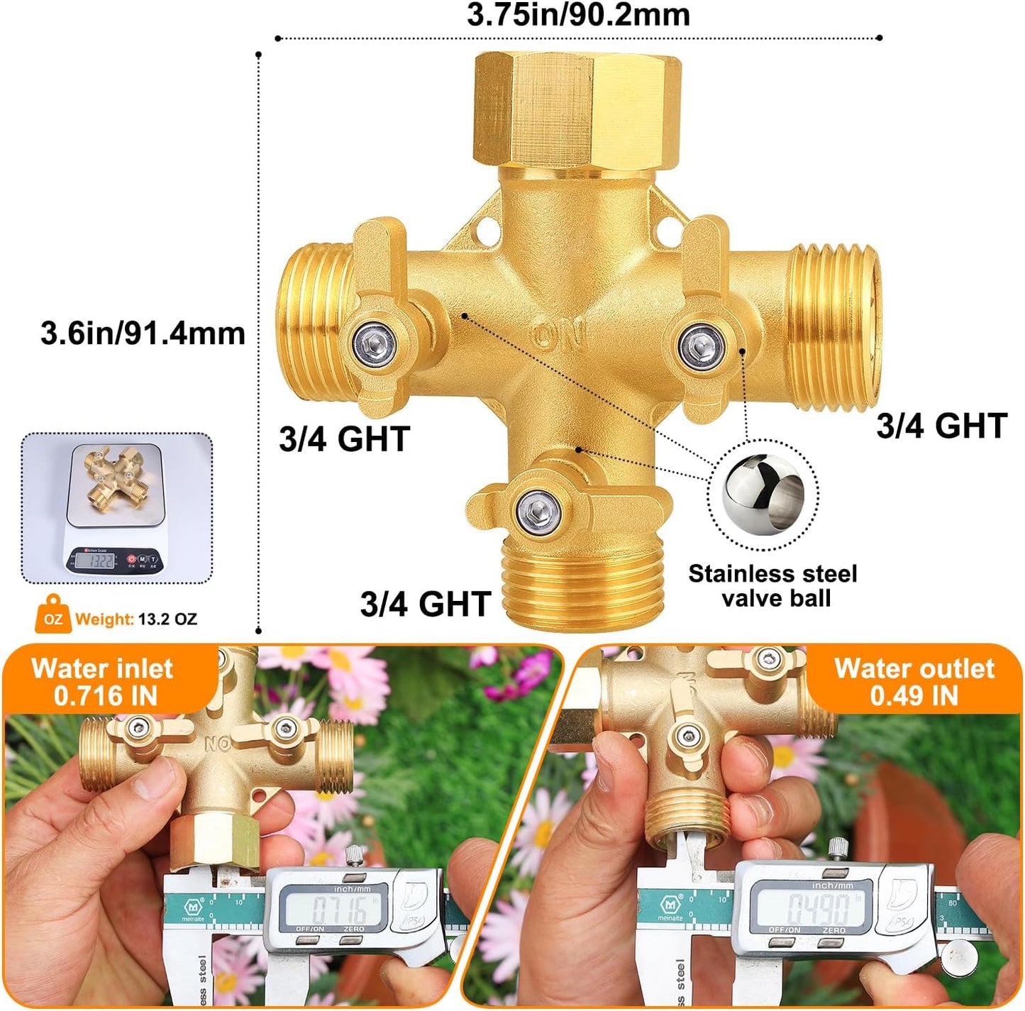 Garden Hose Splitter, Brass 3 Way Valve 3/4" GHT, 1 Pack