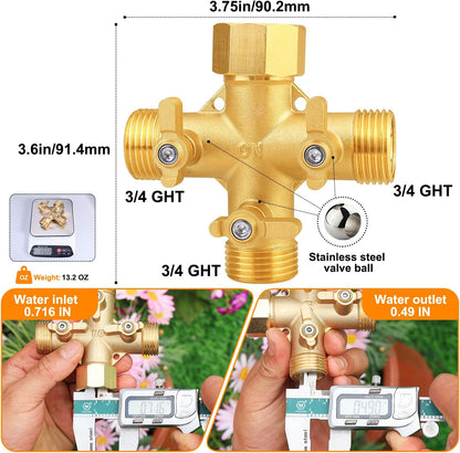 Garden Hose Splitter, Brass 3 Way Valve 3/4" GHT, 1 Pack