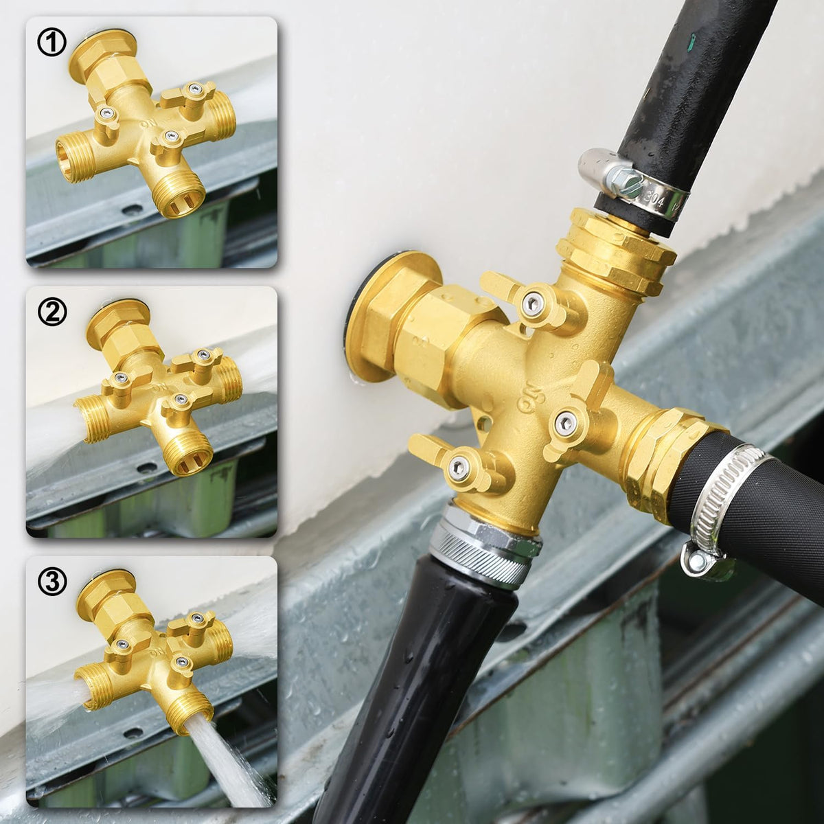 Garden Hose Splitter, Brass 3 Way Valve 3/4" GHT, 1 Pack