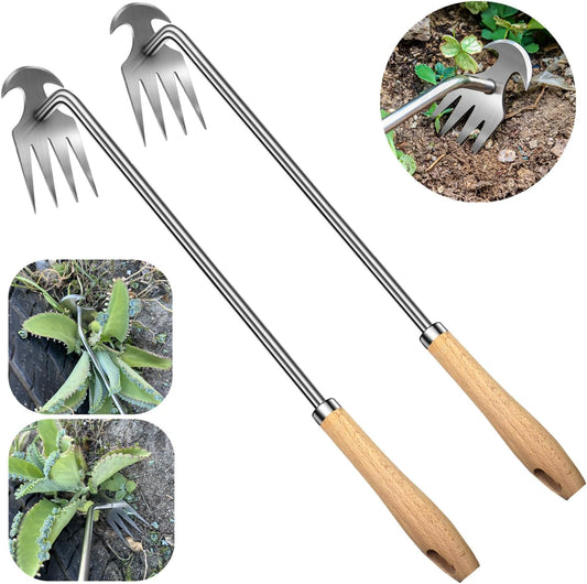 2pack 16inch Weed Puller Tool,Weeding Tool,4 Teeth Stainless Steel Hand Weeder for Effortless Weeding,Portable Uprooting Tool for Vegetable Gardening,Backyard,Farm (Wooden Handle&Stainless Steel)