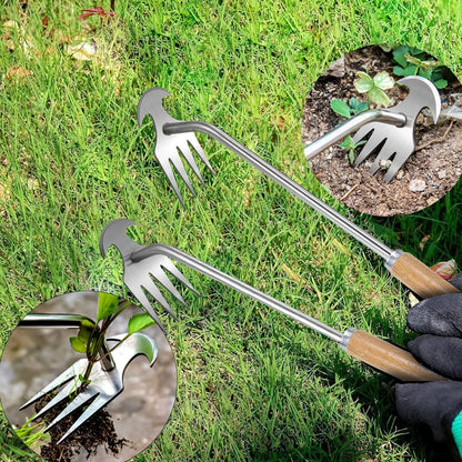 2pack 16inch Weed Puller Tool,Weeding Tool,4 Teeth Stainless Steel Hand Weeder for Effortless Weeding,Portable Uprooting Tool for Vegetable Gardening,Backyard,Farm (Wooden Handle&Stainless Steel)