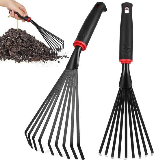2 Pack Garden Rakes Metal Hand Rake with 9 Tines Short Handle Handheld Rake for Soil Loosening Leaf Removal Flower Beds Raised Beds and Narrow Paths