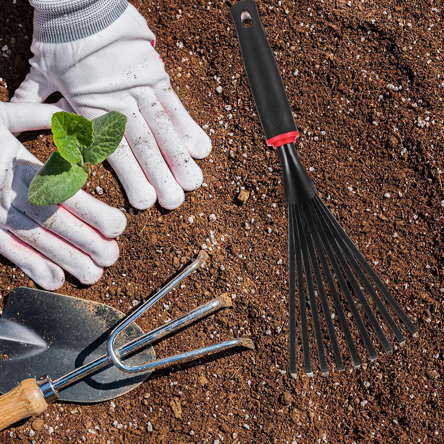 2 Pack Garden Rakes Metal Hand Rake with 9 Tines Short Handle Handheld Rake for Soil Loosening Leaf Removal Flower Beds Raised Beds and Narrow Paths
