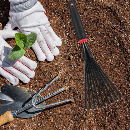 2 Pack Garden Rakes Metal Hand Rake with 9 Tines Short Handle Handheld Rake for Soil Loosening Leaf Removal Flower Beds Raised Beds and Narrow Paths