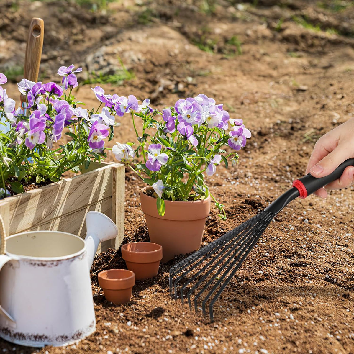 2 Pack Garden Rakes Metal Hand Rake with 9 Tines Short Handle Handheld Rake for Soil Loosening Leaf Removal Flower Beds Raised Beds and Narrow Paths