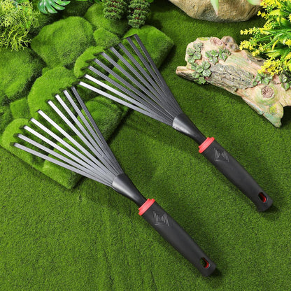 2 Pack Garden Rakes Metal Hand Rake with 9 Tines Short Handle Handheld Rake for Soil Loosening Leaf Removal Flower Beds Raised Beds and Narrow Paths