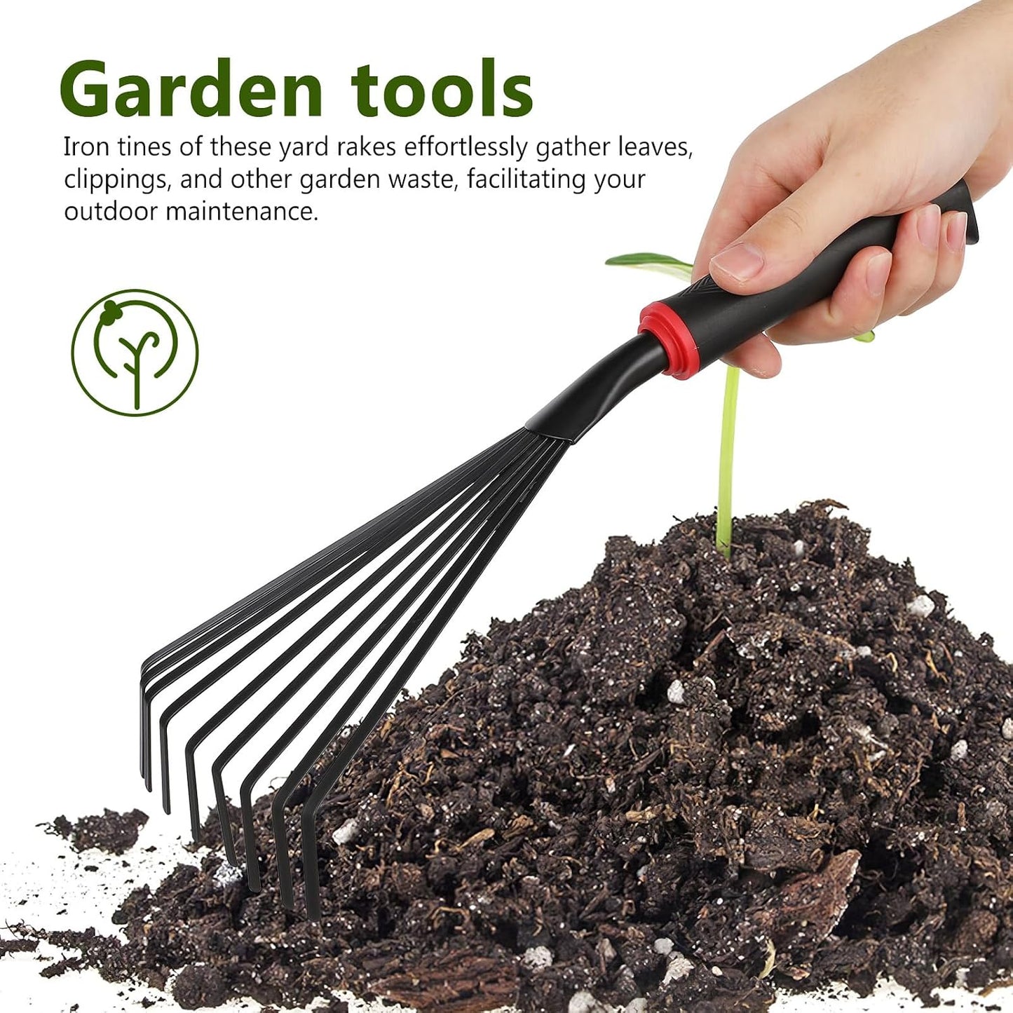 2 Pack Garden Rakes Metal Hand Rake with 9 Tines Short Handle Handheld Rake for Soil Loosening Leaf Removal Flower Beds Raised Beds and Narrow Paths