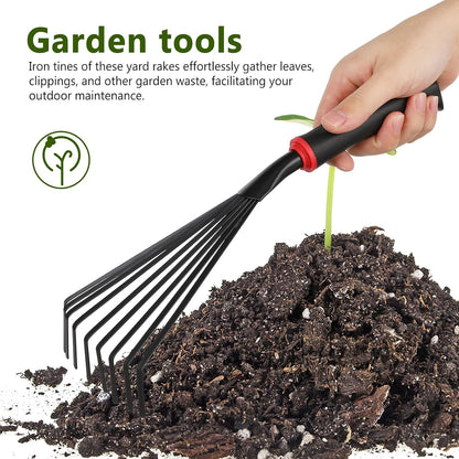 2 Pack Garden Rakes Metal Hand Rake with 9 Tines Short Handle Handheld Rake for Soil Loosening Leaf Removal Flower Beds Raised Beds and Narrow Paths