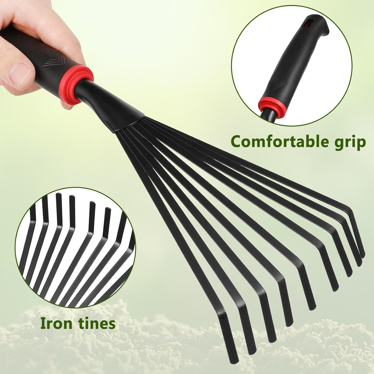 2 Pack Garden Rakes Metal Hand Rake with 9 Tines Short Handle Handheld Rake for Soil Loosening Leaf Removal Flower Beds Raised Beds and Narrow Paths