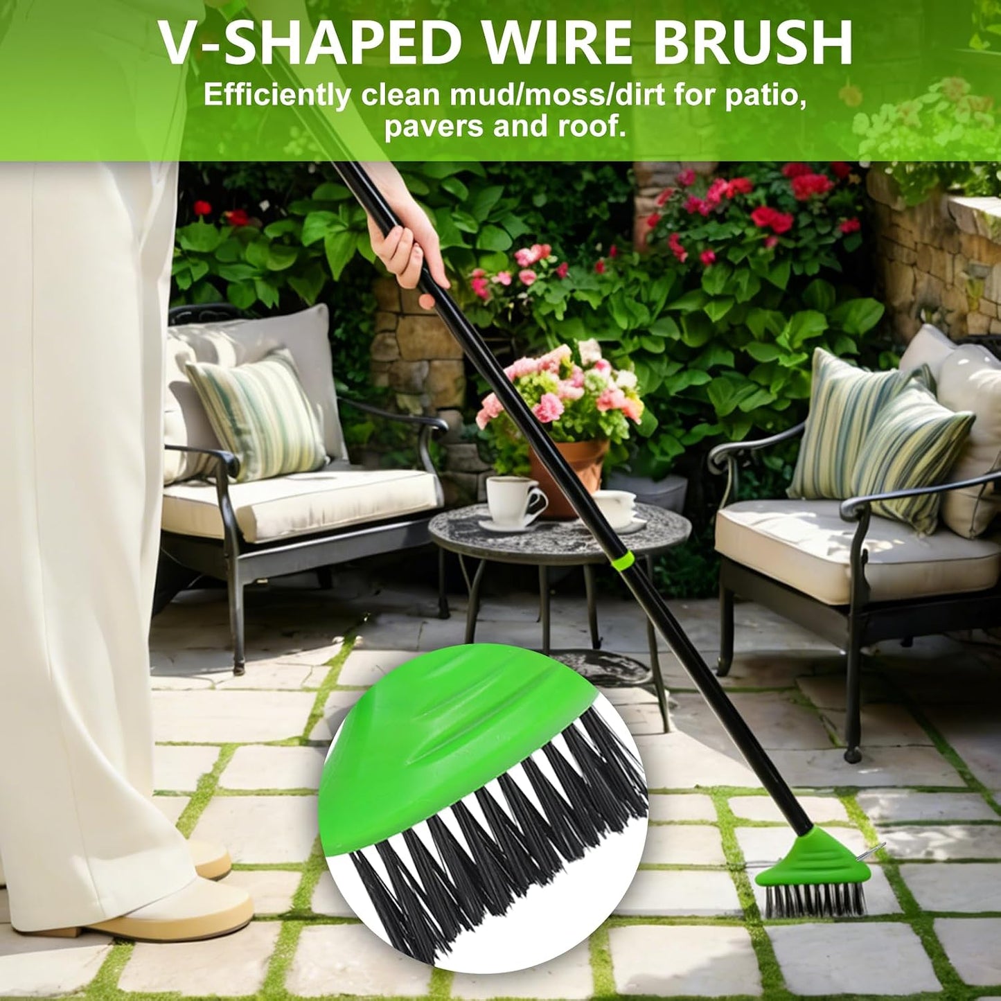 Crack Weeder Brush Long Handle 3-in-1 Wire Floor Scrubber Brush Crack Weeder Tool - Manual Crevice Weeding Tool with Scraper , Weed & Moss Remover for Driveway, Patio, Garage, Deck, Pool, and Sidewalk