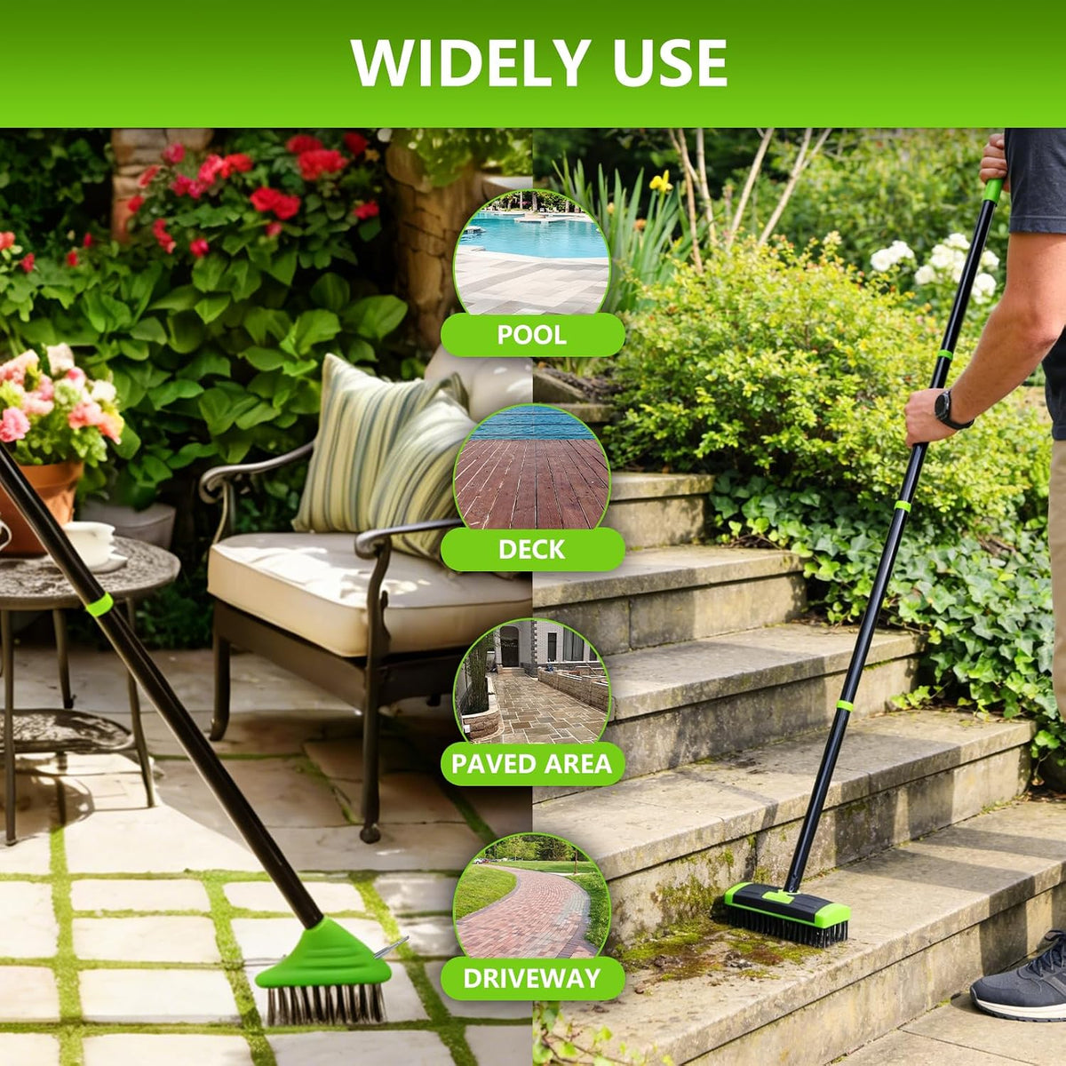 Crack Weeder Brush Long Handle 3-in-1 Wire Floor Scrubber Brush Crack Weeder Tool - Manual Crevice Weeding Tool with Scraper , Weed & Moss Remover for Driveway, Patio, Garage, Deck, Pool, and Sidewalk