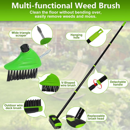 Crack Weeder Brush Long Handle 3-in-1 Wire Floor Scrubber Brush Crack Weeder Tool - Manual Crevice Weeding Tool with Scraper , Weed & Moss Remover for Driveway, Patio, Garage, Deck, Pool, and Sidewalk