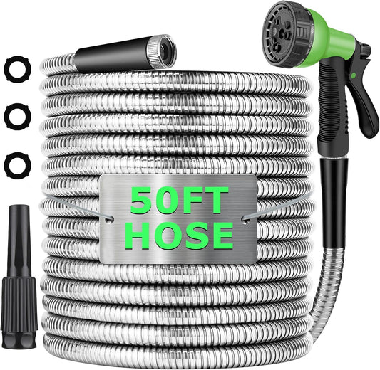 Metal Hose 50 FT, Stainless Steel Garden Hose with 10 Function Nozzle