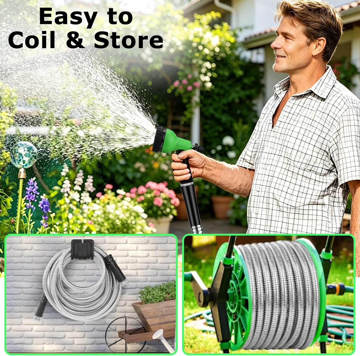Metal Hose 50 FT, Stainless Steel Garden Hose with 10 Function Nozzle