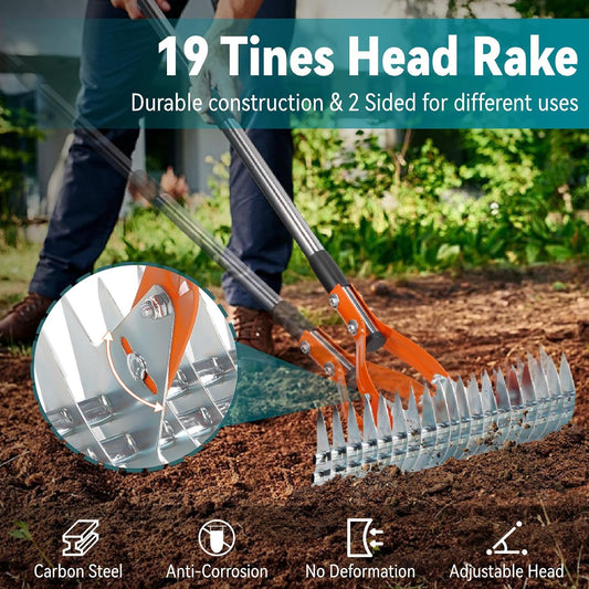 Thatch Rake for Lawns, 15" Heavy Duty Metal Dethatcher Rake with 5FT Handle, 70’’ Adjustable Manual Thatcher with 19-Tine for Lawn Loosening Soil, Yard and Removing Dead Grass