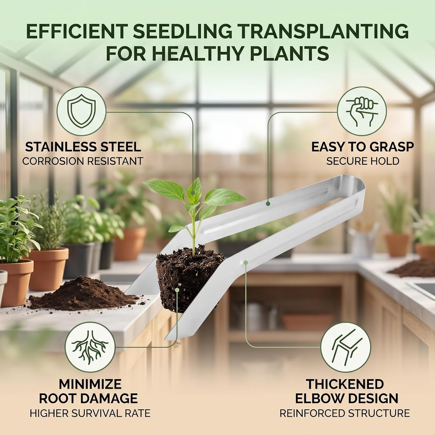 Seedling Transplant Tong, 8.86 Inch Stainless Steel Plants Transplant Tong Seedling Removal Gardening Garden Gardening Supplies