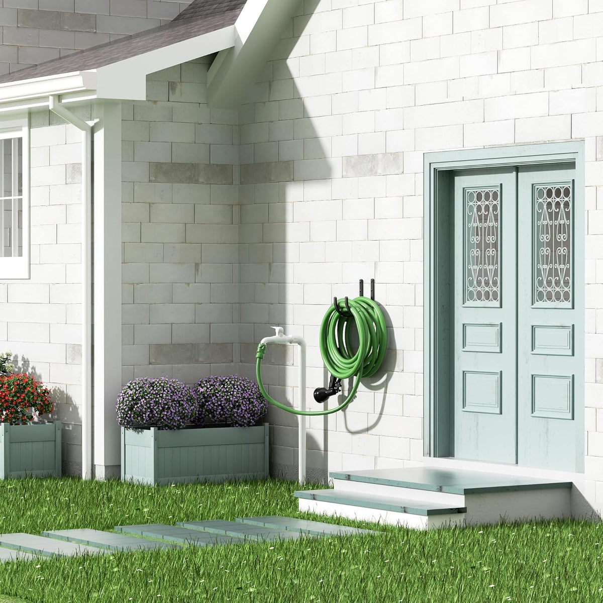 Garden Hose Holder Wall Mount - Aluminum Hose Hanger for Outside, Durable Wall-Mounted Hose Holder for Garden & Outdoor Use（4 Hooks）