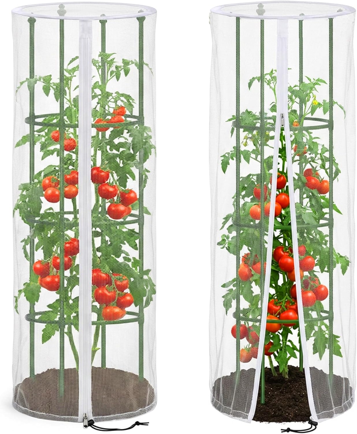 2 Pcs Garden Bird Netting Cover for Round Tomato Cage, 59" x 18" Tomato Trellis Insect Barrier Protection Mesh, Plant Cage Garden Net Cover with Zipper for Vertical Climbing Plants Vegetables Fruits
