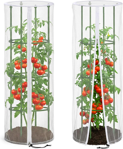 2 Pcs Garden Bird Netting Cover for Round Tomato Cage, 59" x 18" Tomato Trellis Insect Barrier Protection Mesh, Plant Cage Garden Net Cover with Zipper for Vertical Climbing Plants Vegetables Fruits