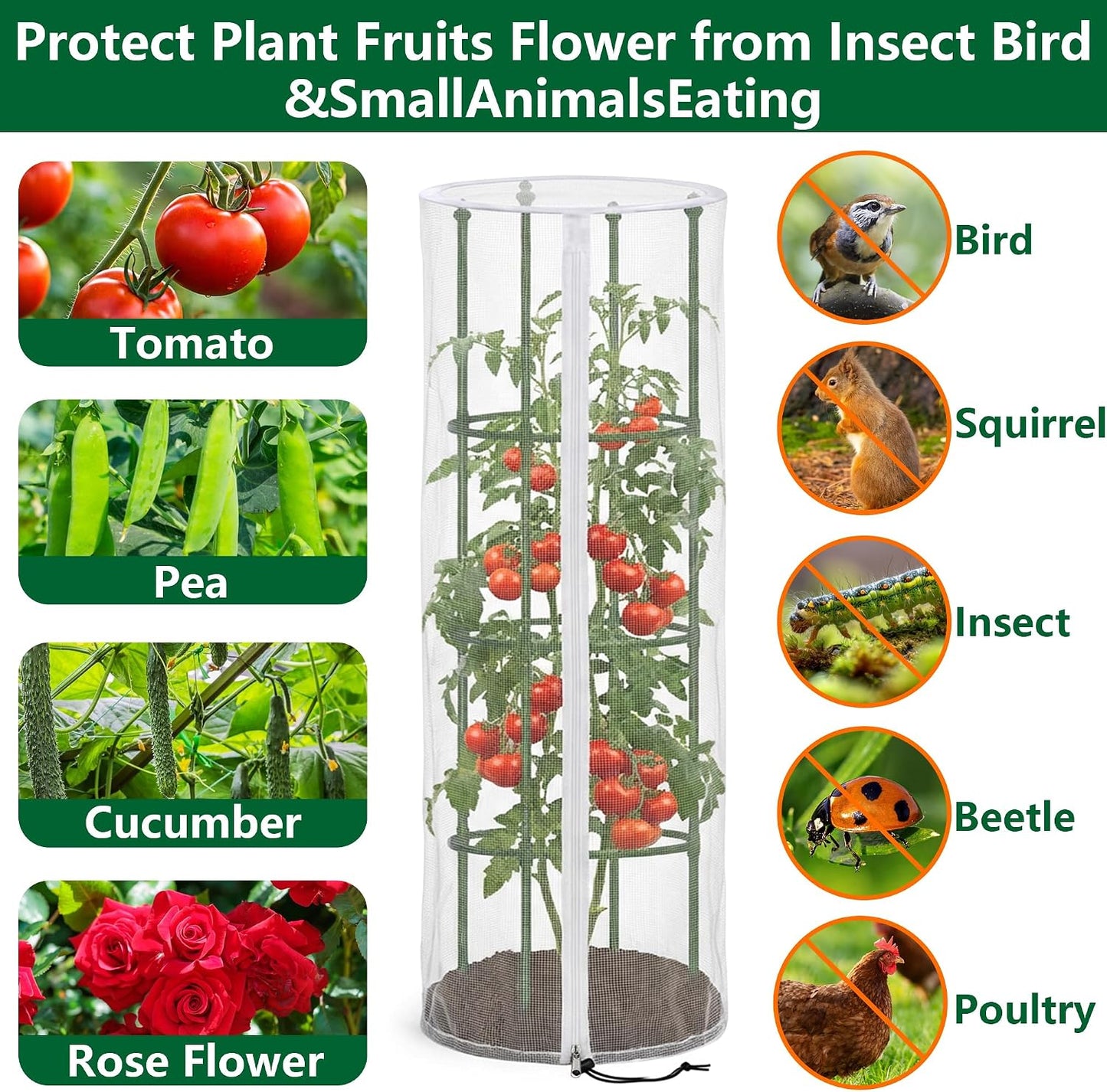 2 Pcs Garden Bird Netting Cover for Round Tomato Cage, 59" x 18" Tomato Trellis Insect Barrier Protection Mesh, Plant Cage Garden Net Cover with Zipper for Vertical Climbing Plants Vegetables Fruits