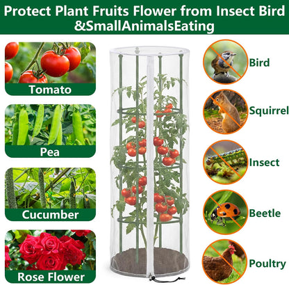 2 Pcs Garden Bird Netting Cover for Round Tomato Cage, 59" x 18" Tomato Trellis Insect Barrier Protection Mesh, Plant Cage Garden Net Cover with Zipper for Vertical Climbing Plants Vegetables Fruits