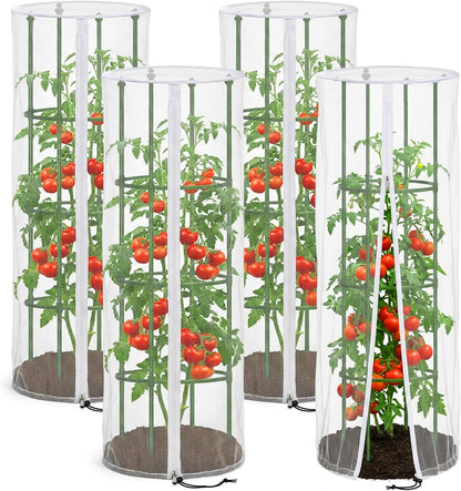 2 Pcs Garden Bird Netting Cover for Round Tomato Cage, 59" x 18" Tomato Trellis Insect Barrier Protection Mesh, Plant Cage Garden Net Cover with Zipper for Vertical Climbing Plants Vegetables Fruits