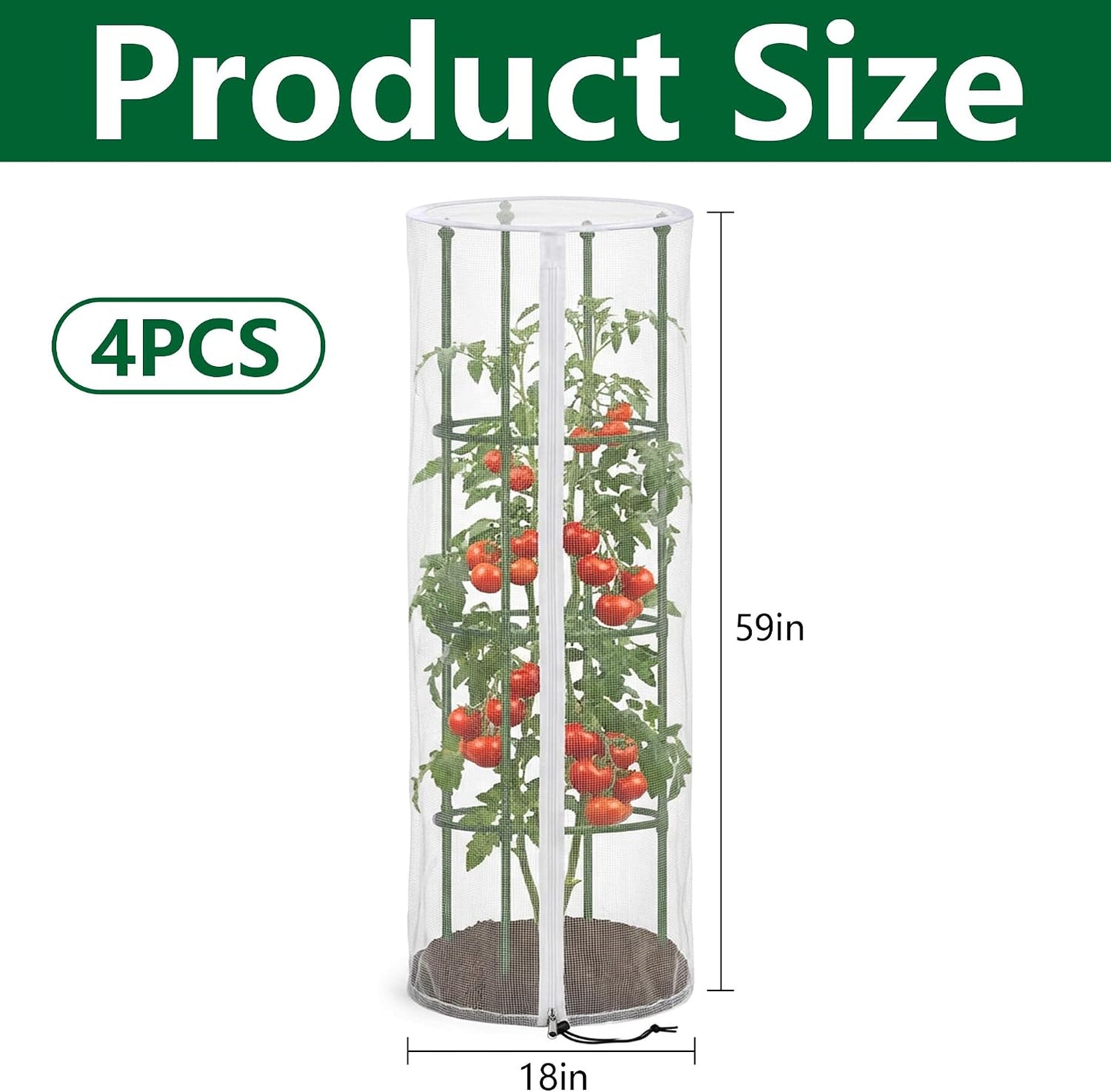 2 Pcs Garden Bird Netting Cover for Round Tomato Cage, 59" x 18" Tomato Trellis Insect Barrier Protection Mesh, Plant Cage Garden Net Cover with Zipper for Vertical Climbing Plants Vegetables Fruits